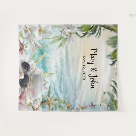 Tropische Bloemen Strand Bruiloft Foto Achtergrond Wandkleed (Voorkant (horizontaal))