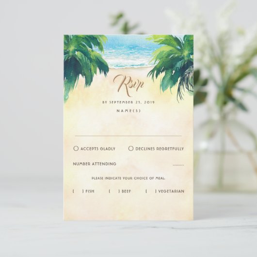 Tropische Bloemen Strand Bruiloft RSVP (Staand voorkant)