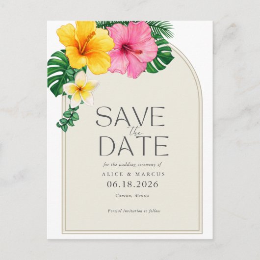 Tropische Bloemen Strand Bruiloft Save the Date Aankondigingskaart (Voorkant)