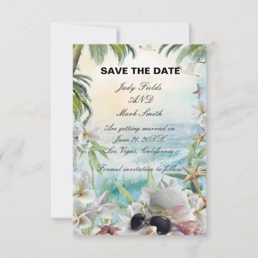 Tropische bloemen strand bruiloft Save The Date ka (Voorkant)