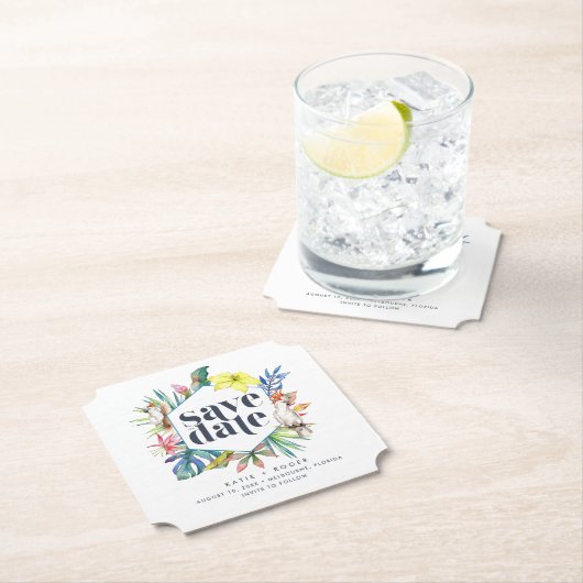 Tropische Bloemen Strand Bruiloft Save the Dates Kartonnen Onderzetters (Insitu)