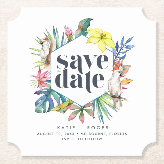 Tropische Bloemen Strand Bruiloft Save the Dates Kartonnen Onderzetters (Voorkant)