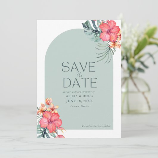 Tropische Bloemen Strand Trouwfoto Bewaar de datum Save The Date (Staand voorkant)