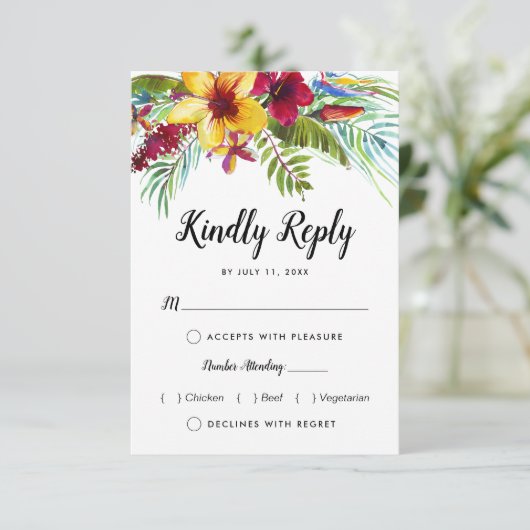 Tropische Bloemen Strand Voedsel Keuze Trouwen RSVP Kaartje (Staand voorkant)