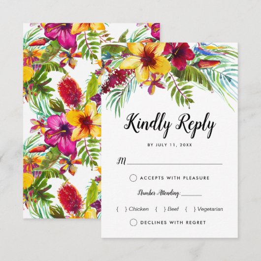 Tropische Bloemen Strand Voedsel Keuze Trouwen RSVP Kaartje (Voorkant / Achterkant)