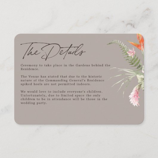 Tropische Bloemen Taupe Bruiloft Details Informatiekaartje (Voorkant)