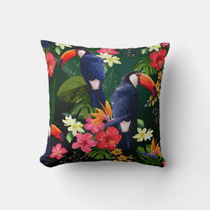 Tropische bloemen, toucan: bloemenachtergrond. kussen