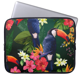 Tropische bloemen, toucan: bloemenachtergrond. laptop sleeve