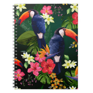 Tropische bloemen, toucan: bloemenachtergrond. notitieboek