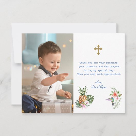Tropische Bloemen Vogel Foto Jongen Doop Bedankkaart (Voorkant)