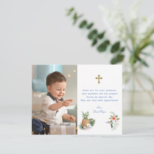 Tropische Bloemen Vogel Foto Jongen Doop Bedankkaart (Staand voorkant)