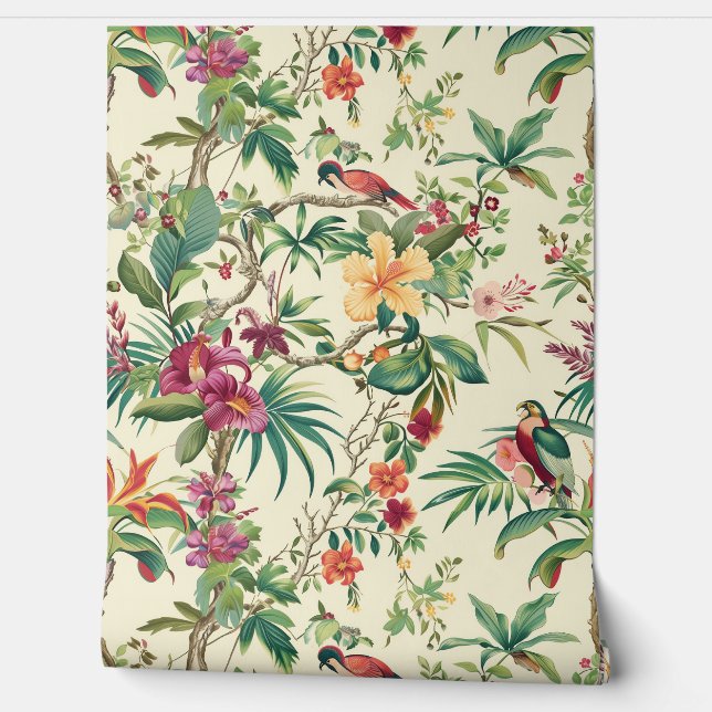  Tropische Bloemen Vogels Roze Groen Patroon Behang (Afrollen)