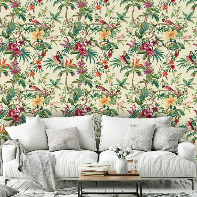  Tropische Bloemen Vogels Roze Groen Patroon Behang (Vintage Tropical Flowers & Birds Beige Pink Green Wallpaper)