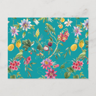 Tropische bloemen, vruchten en vogels Blauwgroen Briefkaart