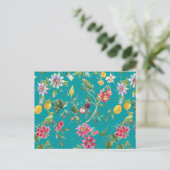 Tropische bloemen, vruchten en vogels Blauwgroen Briefkaart (Staand voorkant)