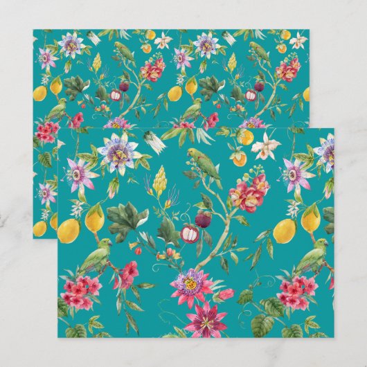 Tropische bloemen, vruchten en vogels Blauwgroen Briefkaart (Voorkant / Achterkant)