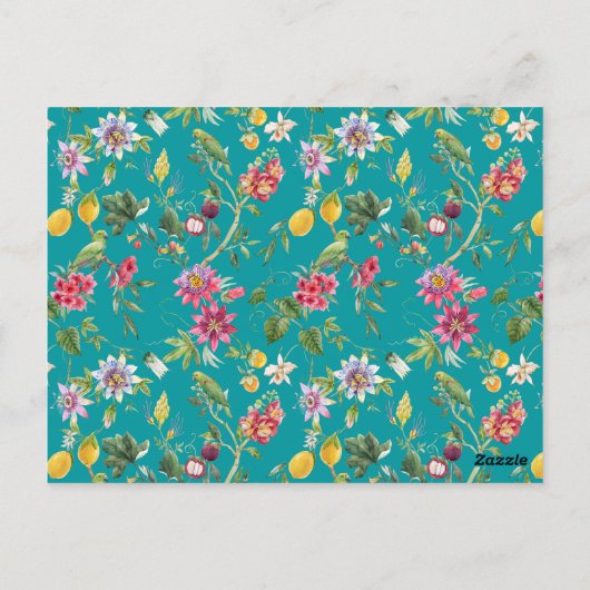 Tropische bloemen, vruchten en vogels Blauwgroen Briefkaart (Achterkant)