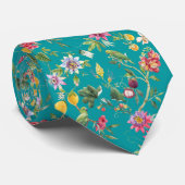 Tropische bloemen, vruchten en vogels Blauwgroen Stropdas (Opgerold)