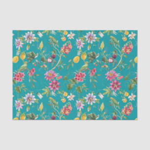 Tropische bloemen, vruchten en vogels Blauwgroen Tissuepapier