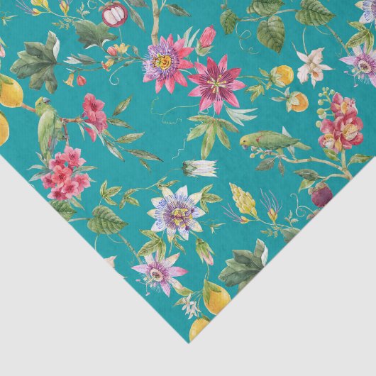 Tropische bloemen, vruchten en vogels Blauwgroen Tissuepapier (Detail)