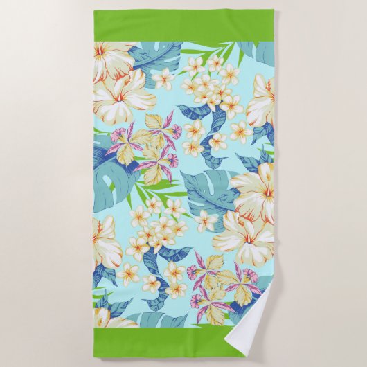 Tropische Bloemen w / Donkergroene Border Beach Ha Strandlaken (Voorkant)