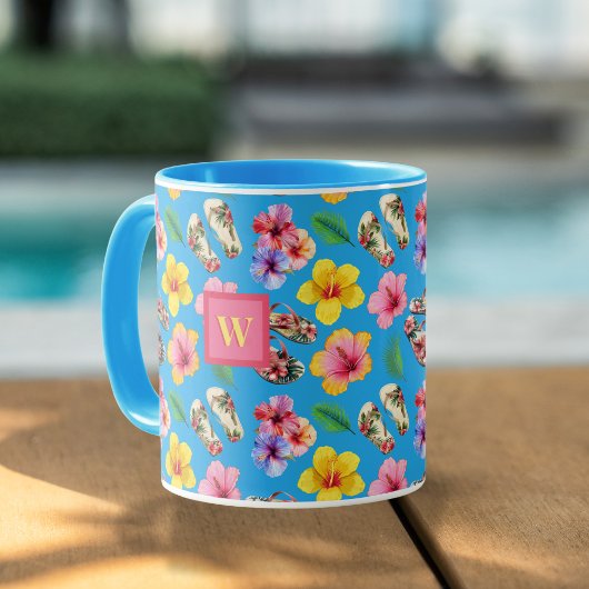 Tropische bloemen w FlipFlops Roze Monogram op Bla Mok