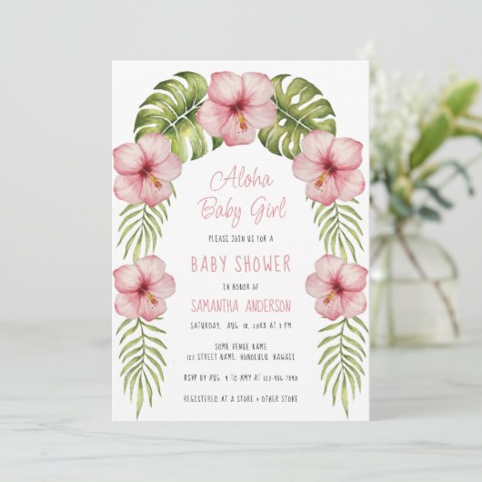 Tropische Bloemen Waterverf Aloha Baby Girl Shower Kaart (Staand voorkant)