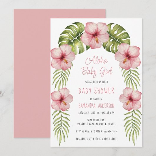 Tropische Bloemen Waterverf Aloha Baby Girl Shower Kaart (Voorkant / Achterkant)