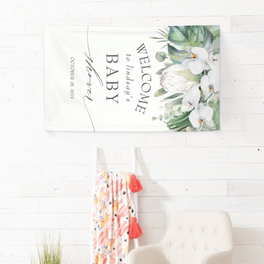Tropische Bloemen Witte Koning Protea Baby shower Spandoek (Insitu)