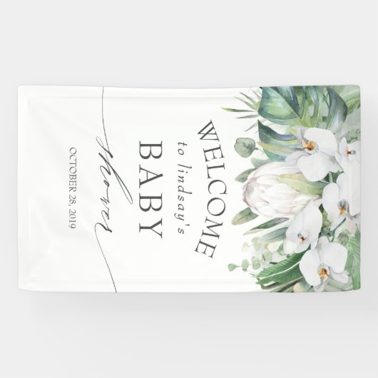 Tropische Bloemen Witte Koning Protea Baby shower Spandoek (Horizontaal)