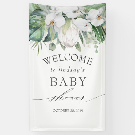 Tropische Bloemen Witte Koning Protea Baby shower Spandoek (Verticaal)