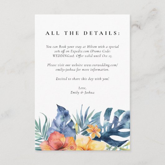 Tropische Bloemen Zomer Waterverf Bruiloft Informatiekaartje (Voorkant)