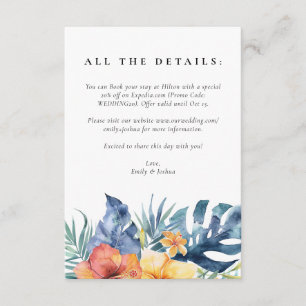 Tropische Bloemen Zomer Waterverf Bruiloft Informatiekaartje