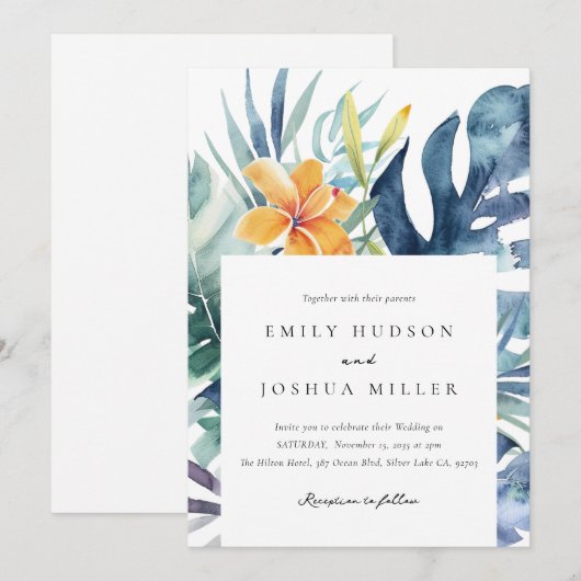 Tropische Bloemen Zomer Waterverf Bruiloft Kaart (Voorkant / Achterkant)