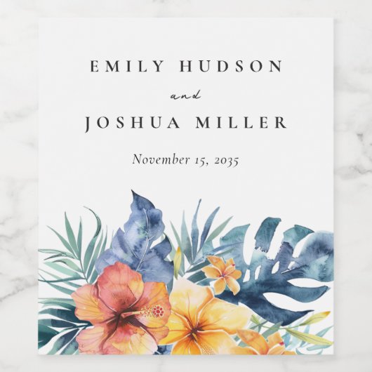 Tropische Bloemen Zomer Waterverf Bruiloft Wijn Etiket (Enkel label)