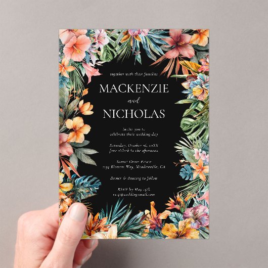 Tropische Bloemen Zwart Acryl Huwelijksuitnodiging Acryl Uitnodigingen (Insitu (Draagbaar))