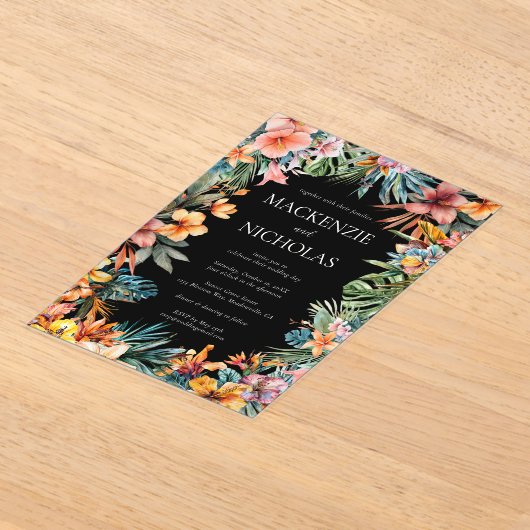 Tropische Bloemen Zwart Acryl Huwelijksuitnodiging Acryl Uitnodigingen (Laagn)