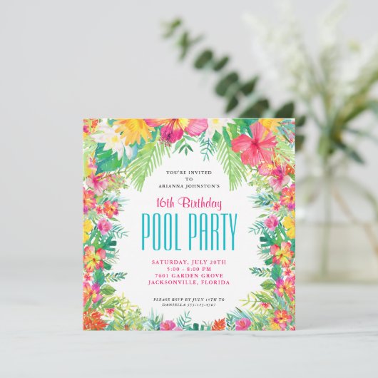 Tropische Bloemen Zwembad Party Verjaardag Kaart (Staand voorkant)
