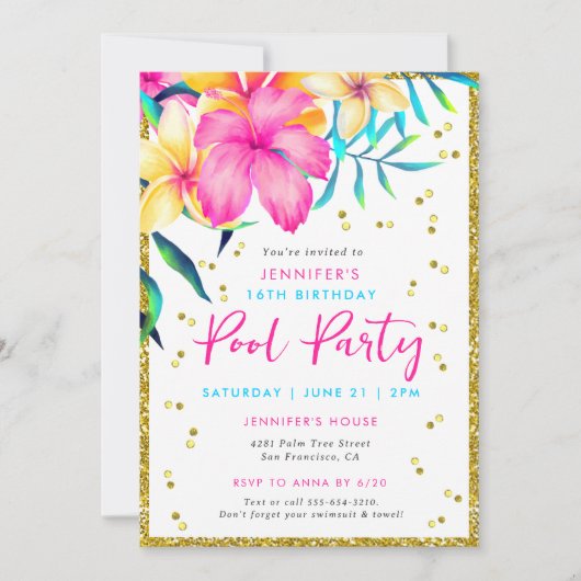 Tropische Bloemen Zwembad Party Verjaardag Uitnodi Kaart (Voorkant)