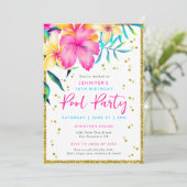 Tropische Bloemen Zwembad Party Verjaardag Uitnodi Kaart (Staand voorkant)