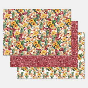 Tropische bloemenananas rode glitter inpakpapier vel