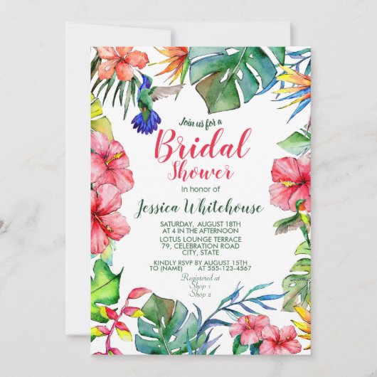 Tropische bloemenaquarel bruidsdouche uitnodiging (Voorkant)