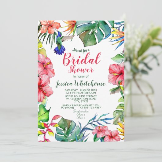 Tropische bloemenaquarel bruidsdouche uitnodiging (Staand voorkant)