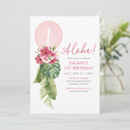 Tropische bloemenballon Luau 1e verjaardag Kaart (Staand voorkant)