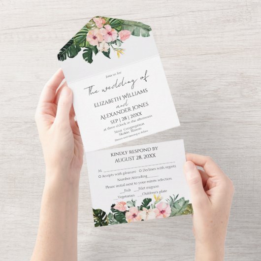 Tropische bloemenbruiloft alles in één uitnodiging (Afscheurbaar)