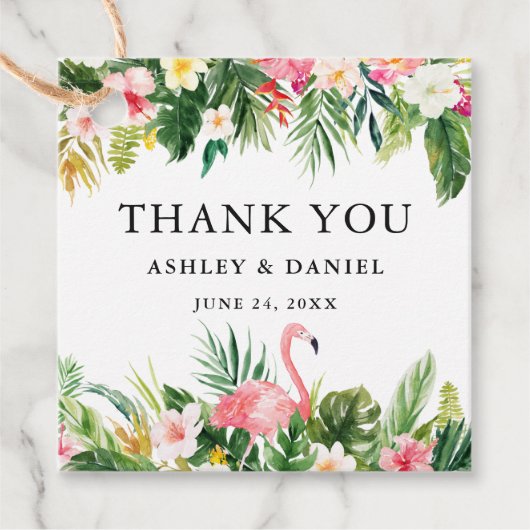 Tropische Bloemenbruiloft Flamingo Dank u Bedankjes Labels (Voorkant)