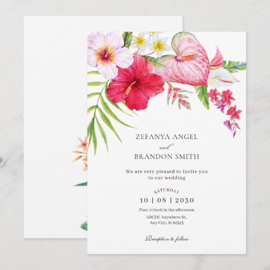 Tropische bloemenbruiloft kaart (Voorkant / Achterkant)