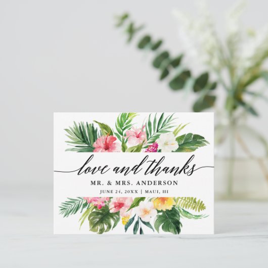 Tropische bloemenbruiloft kalligrafie liefde Bedan Briefkaart (Staand voorkant)