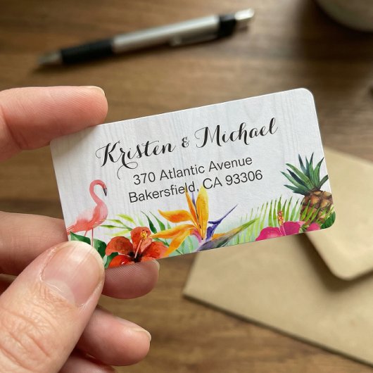 Tropische bloemenflamingo ananas rustiek hout etiket