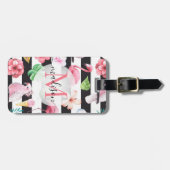 Tropische bloemenflamingo zwarte strepen monogram bagagelabel (Voorkant horizontaal)